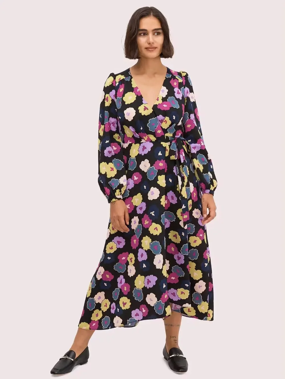 NEW Kate Spade Winter Garden Wrap Dress US 2 Black Colorful Floral Puff Sleeve